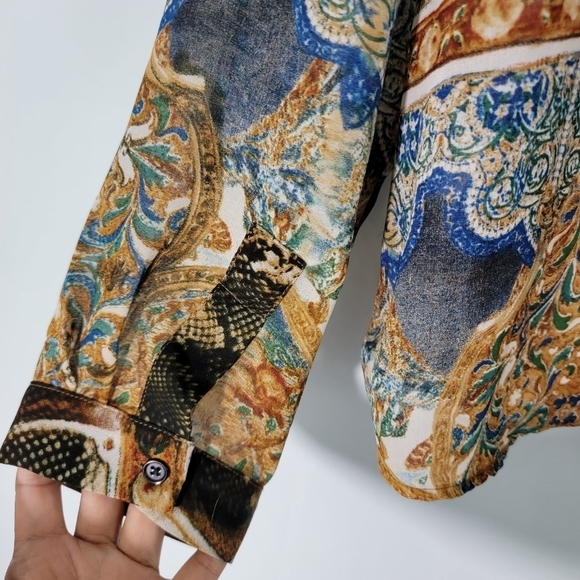 ALBERTO MAKALI Woman Mix Prints Button Up Long Sleeve Blouse Sz XL Boho Fall - Picture 8 of 11